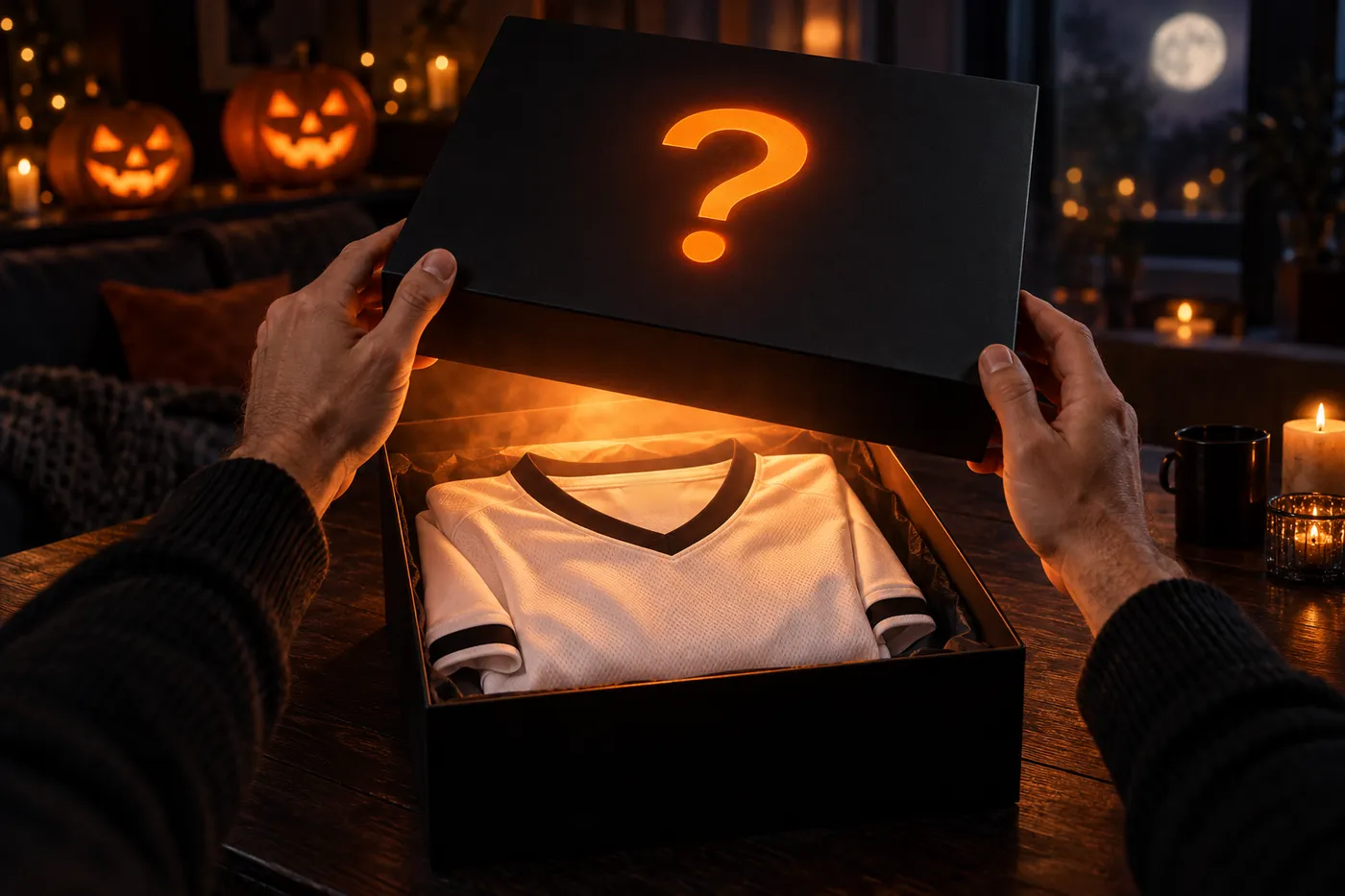 Manos abriendo una Mystery Box negra con una interrogación naranja